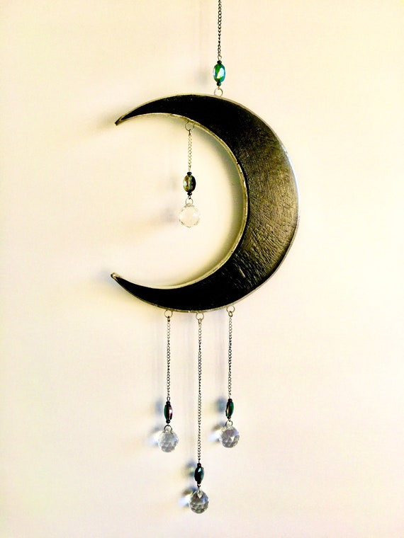 Glass Moon Mobile - Crystal Mooon Mobile - Glass Moon Suncatcher Dark Moon Mobile Wrapped in Silver With Hanging Crystals Hand Carved Pine