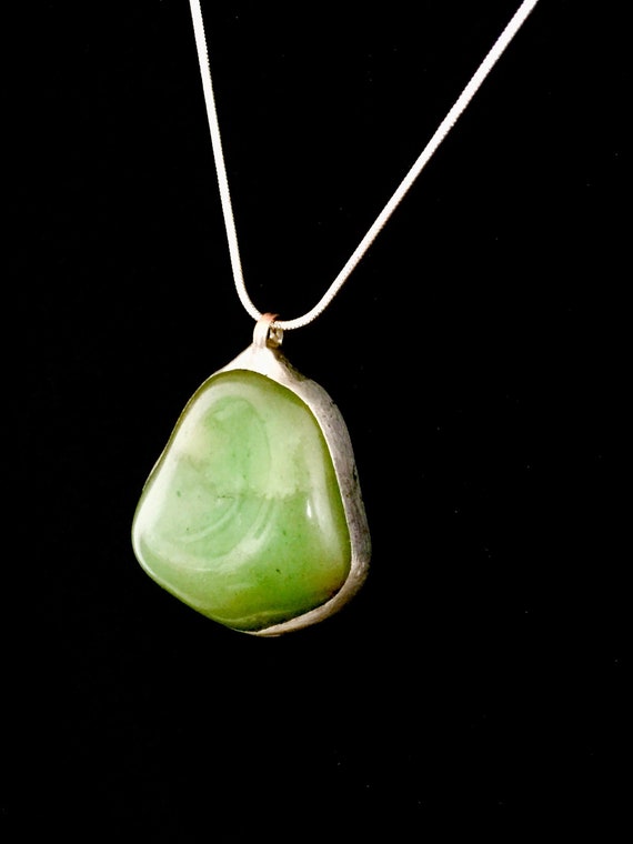 Aventurine Stone Pendant on Silver Plated Snake Chain - Artisan Stone and Metalwork - Symbolic of Creativity, Luck, Energy & Life Balance