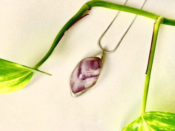 Tumbled Raw Purple Amethyst Pendant on Silver Plated Snake Chain - Artisan Stone and Metalwork - Symbolic of Spiritual Strength & Creativity