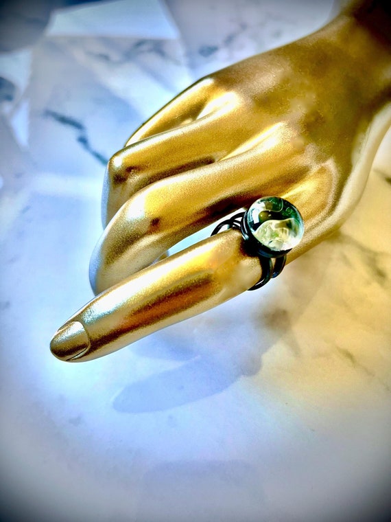 Stained Glass Crystal Ball Cocktail Ring - Artisan Handmade Glass and Mixed Metalwork - Black Metal Costume Jewelry Ring - In Other Colors!