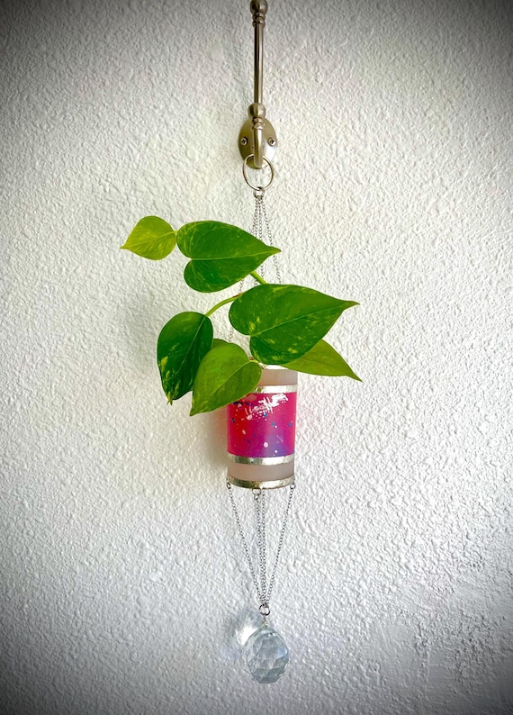 Artisan Made Silver Wrapped Hanging Votive or Plant Holder with Suspended Cut Crystal Prism - Pink, Blue & White Accents - In Other Colors