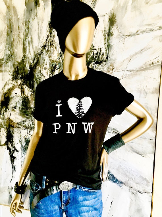I LOVE PNW Tee I Love The Pacific Northwest Hand Printed 100% Ultra Soft Cotton Unisex Black DISTRICT Concert Tee Shirt