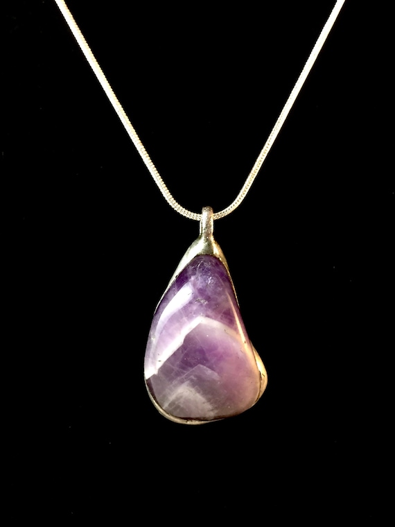 Tumbled Raw Purple Amethyst Pendant on Silver Plated Snake Chain - Artisan Stone and Metalwork - Symbolic of Spiritual Strength & Creativity