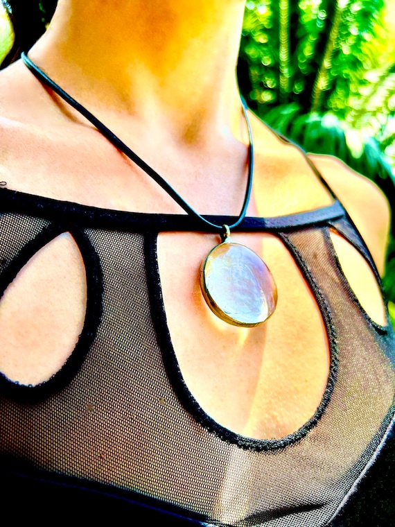 Looking Glass Pendant on Satin Rubber Cord with Hidden Clasp - Artisan Made Stained Glass Necklace - Mystic Glass Air Amulet - Gothic Glam