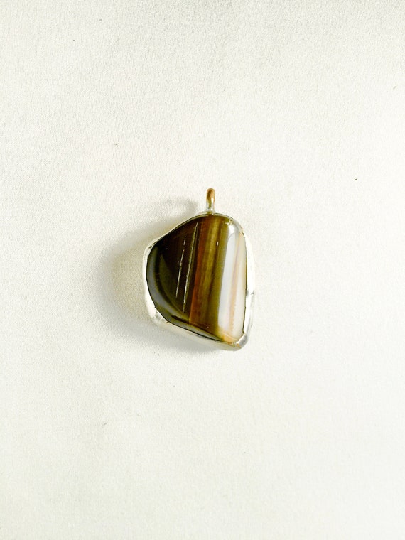 Tiger's Eye Silver Stone Pendant - Handmade with Lead Free Artisan Stone and Metalwork - Symbolic of Earth Power & Grounding Focused Energy