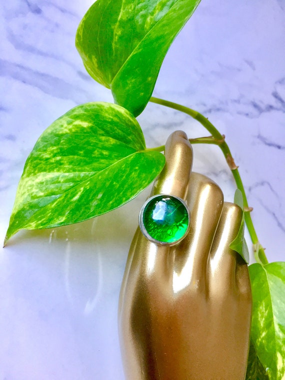 Emerald Green Stained Glass Cocktail Ring - Artisan Handmade Glass and Mixed Metalwork - Silver Costume Jewelry Party Ring - In Other Colors