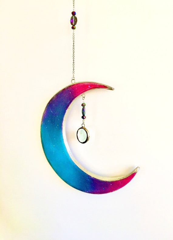 Cosmic Galaxy Glass Moon Mobile - Crystal Moon Mobile - Glass Moon Suncatcher - Glass Moon Sun Catcher - Hand Carved Pine Moon -MORE COLORS!