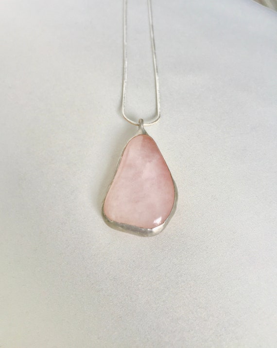 Rose Quartz Pendant on Silver Plated Snake Chain. Artisan Made Mystic Spirit Amulet. Symbolic of Love & Positive Energy. The Calming Stone.