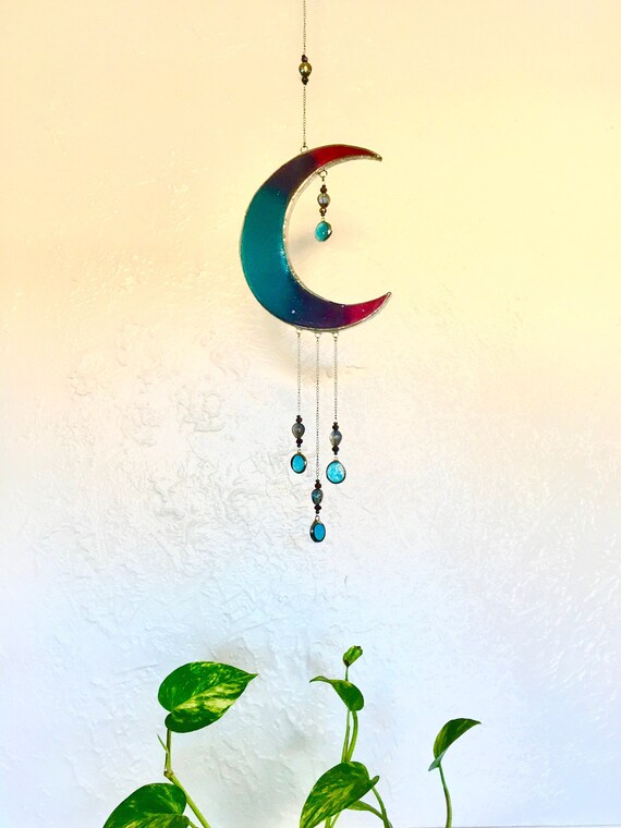 Cosmic Galaxy Moon Mobile - Hand Carved Silver Wrapped Pine Moon Hanging or Wall Art with Stained Glass Turquoise Droplets - In Other Colors