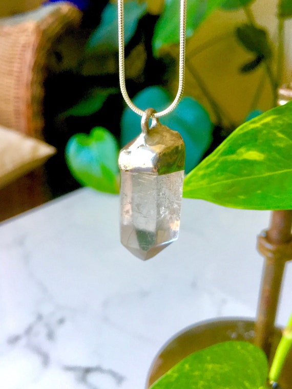 Raw Quartz Crystal Point Pendant on Silver Plated Snake Chain - Artisan Metal and Stone Work - Symbolic of Spirituality & Positive Energy