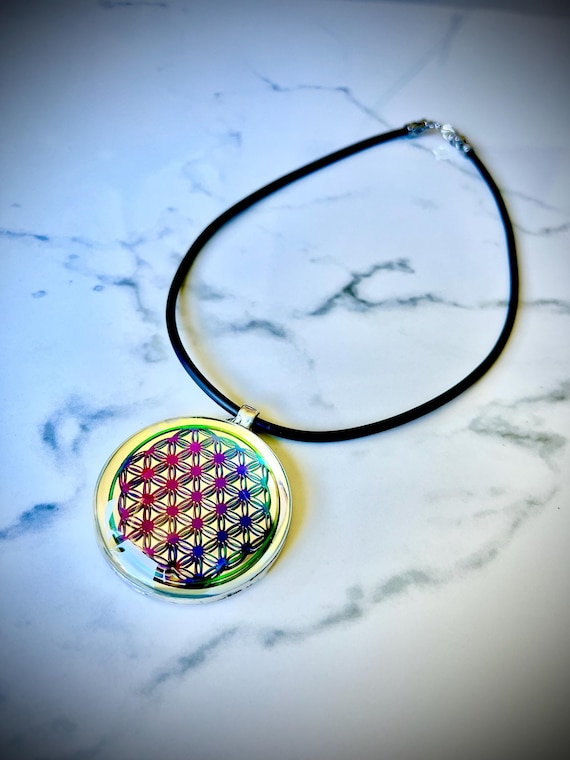 Artisan Made Iridescent Stained Glass Seed of Life Pendant - Mystic Rainbow Mandala Necklace - Satin Rubber Cord - Silver Cap Conclusions.