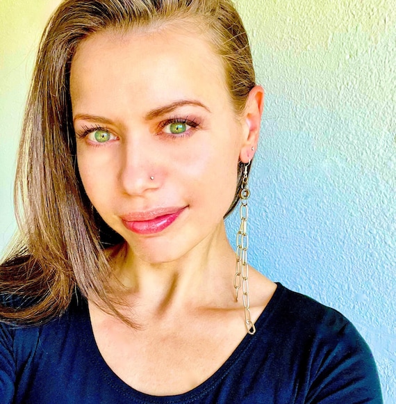 Modern Industrial Stainless Steel Hoop & Chain Earrings - Artisan Made Extra Long Dangling Light Weight Earrings
