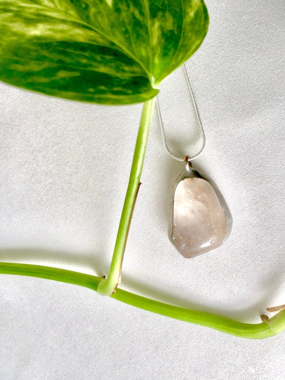 Tumbled Quartz Crystal Silver Stone Pendant Silver Plated Snake Chain - Artisan Metal Stone Work - Symbolic of Spiritual & Positive Energy