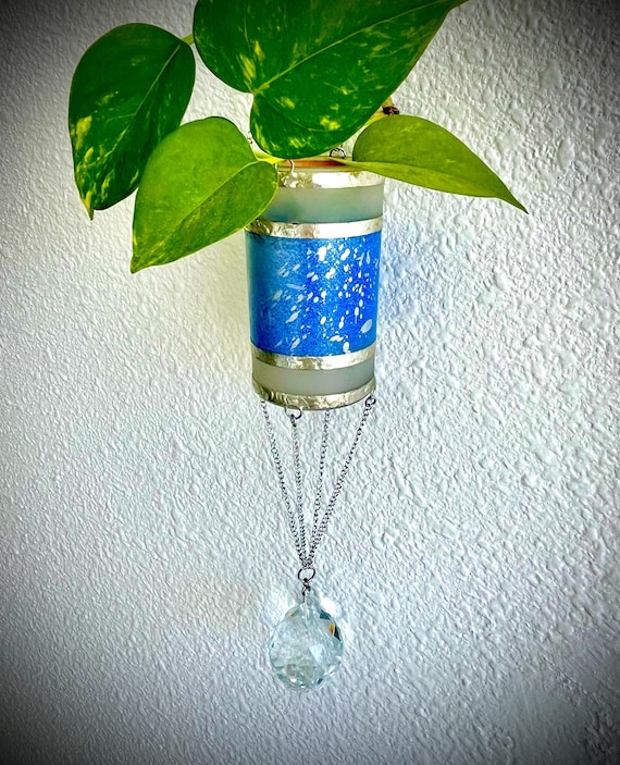 Artisan Made Silver Wrapped Hanging Votive or Plant Holder with Suspended Cut Crystal Prism - Blue, Silver & White Accents - In Other Colors