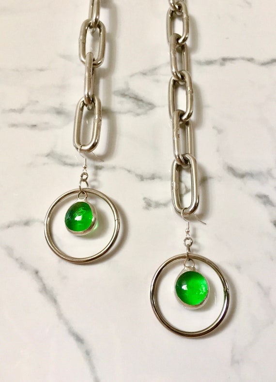 Green Stained Glass & Steel Hoop LEXINGTON Spinner Earrings-Artisan Made Emerald Green Glass and Stainless Steel Ring Cocktail Party Earring