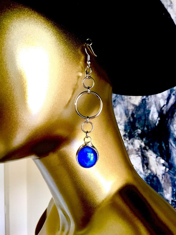 Blue Stained Glass Drop MAX MADISON Cocktail Earrings-Artisan Made Dangly Blue Glass Droplet Stainless Steel Earrings-Extra Long Danglies