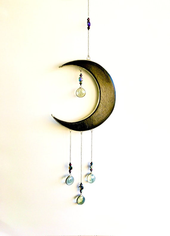 Glass Moon Mobile - Crystal Moon Mobile - Glass Moon Suncatcher - Wrapped in Silver With Stained Glass Droplets - Hand Carved Natural Pine