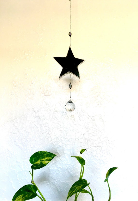 Hanging Silver Wrapped Dark Star Art with Suspended Prism Sphere - Artisan Hand Carved Pine Star Mobile & Cut Crystal Ball - In Other Colors
