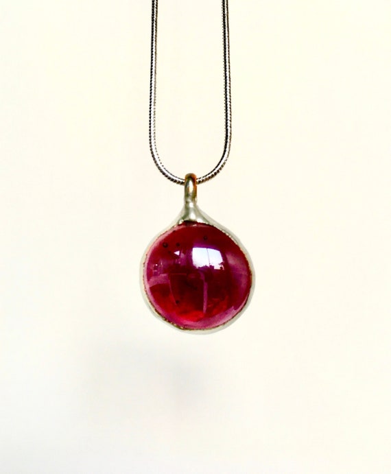 Garnet Stained Glass Pendant on Silver Plated Snake Chain Artisan Made Mystic Glass Fire Amulet OTHER COLORS AVAILABLE!