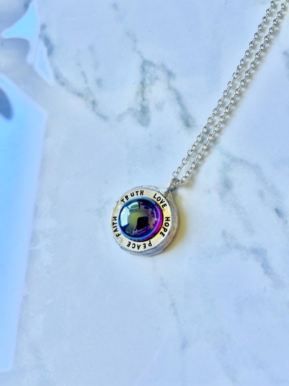 Artisan Handmade Stained Glass Motivational or Memory Necklace. Lovely Simple Silver Pendant. Stamped Word Art: Peace, Love, Hope & Faith.