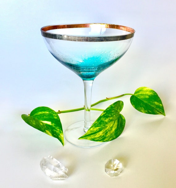 Turquoise Bubble Glass Goblet Elevated Candy/Candle/Jewelry Dish Artisan Made with Silver & Copper Wrapped Rim, Fancy Silver Glassware