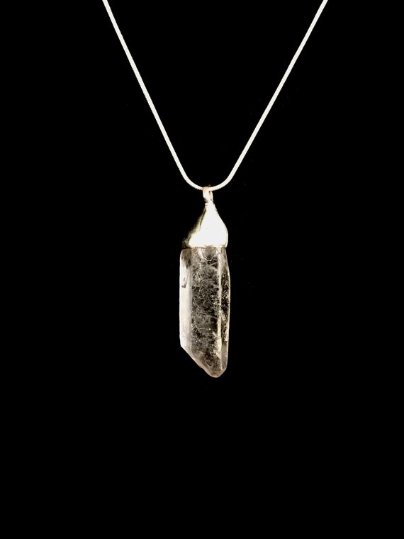 Raw Quartz Crystal Silver Stone Pendant on Silver Plated Snake Chain - Artisan Metal Stone Work - Symbolic of Spiritual & Positive Energy