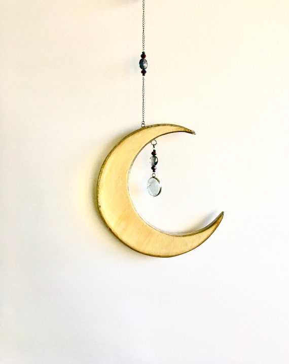 Glass Moon Mobile - Crystal Moon Mobile - Glass Moon Suncatcher - Glass Moon Sun Catcher - Hand Carved Pine Moon - MORE COLORS AVAILABLE!