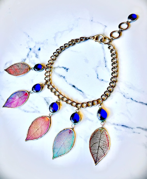 Artisan Made Royal Blue Stained Glass Phoenix Necklace - Iridescent Feathers on Upcycled Cable Chain - Adjustable Length - Accent Back Jewel