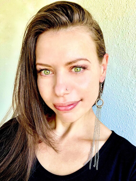 Stainless Steel Hoop & Chain Earrings - Artisan Made Extra Long Dangling Light Weight Earrings