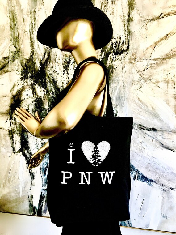 I LOVE PNW Tote Hand Printed North West Love Heavy Duty Durable Natural Black Canvas Tote Bag : Eco-Friendly Non-Toxic Washable Reusable