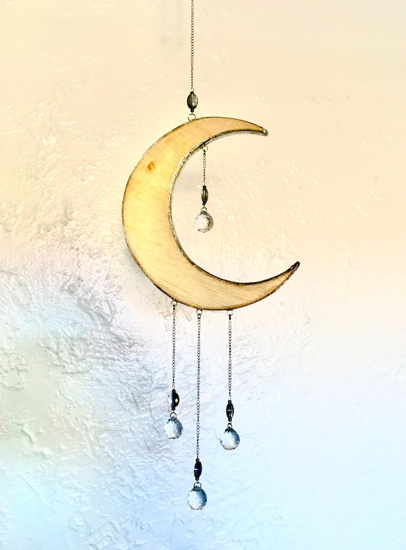 Glass Moon Mobile - Crystal Moon Mobile - Glass Moon Suncatcher - Glass Moon Sun Catcher - Hand Carved Pine Moon - MORE COLORS AVAILABLE!