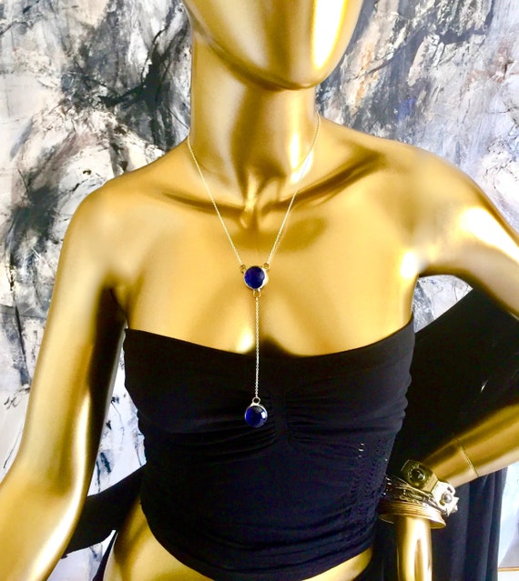 Blue Glass JULIET Necklace on Dainty Silver Plated Chain - Artisan Made Royal Blue Stained Glass Drop Pendant - Vintage Fantasy Necklace