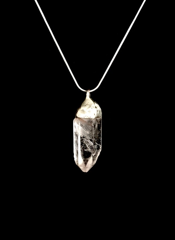 Raw Quartz Crystal Silver Stone Pendant on Silver Plated Snake Chain - Artisan Metal Stone Work - Symbolic of Spiritual & Positive Energy