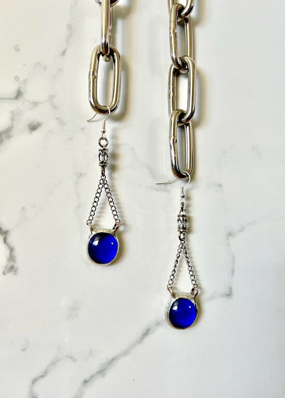 Royal Blue Stained Glass & Chain Earrings - Artisan Made Dangling Blue Glass Earrings - Gifts for Ocean Lovers - Available In Other Colors