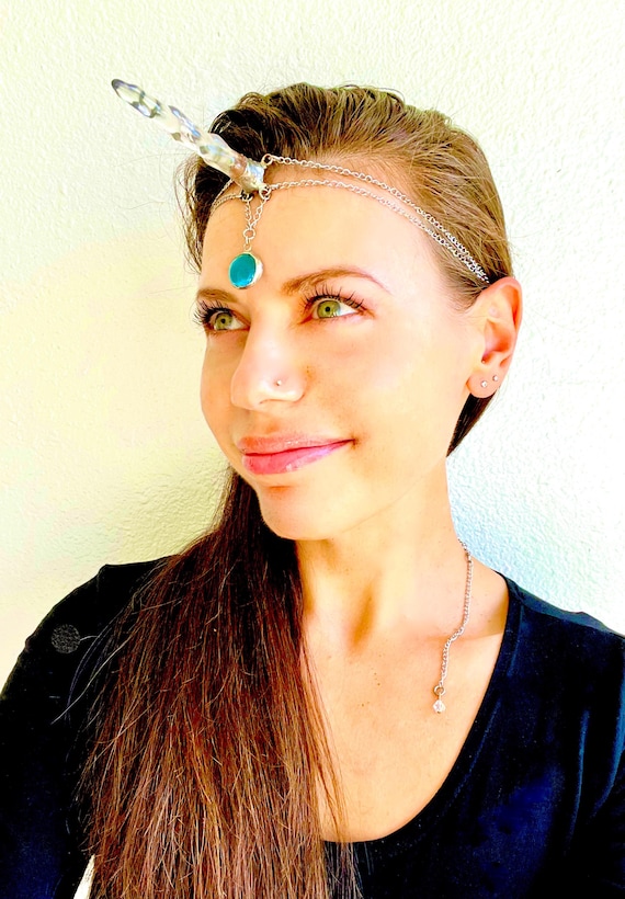 Artisan Made Silver Wrapped Hand Sculpted Unicorn Horn Headpiece - Translucent Crystal Animal Horn Costume Jewelry Accessory
