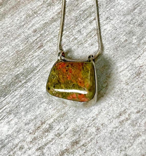 Tumbled Unakite Pendant on Silver Plated Snake Chain - Artisan Stone and Metalwork - Symbolic of Vision, Balance & Grounding - Scrying Stone
