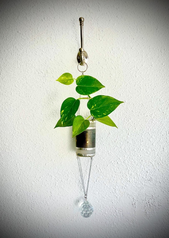 Artisan Made Silver Wrapped Hanging Votive or Plant Holder with Suspended Cut Crystal Prism - Black, Gold & Silver Accents - In Other Colors