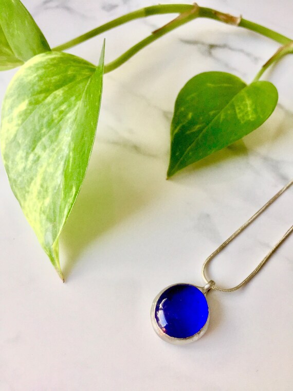 Royal Blue Glass Pendant on Silver Plated Snake Chain Artisan Made Mystic Stained Glass Water Amulet OTHER COLORS AVAILABLE!