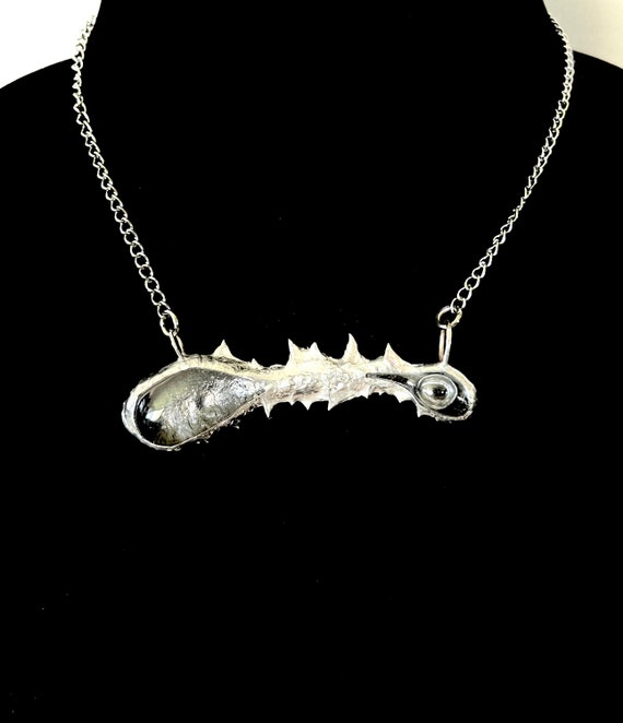 Artisan Made Stained Glass Silver Spiked Sculptural Choker Pendant - Abstract Thorn Necklace - Delicate Cable Link Chain - OOAK Wearable Art