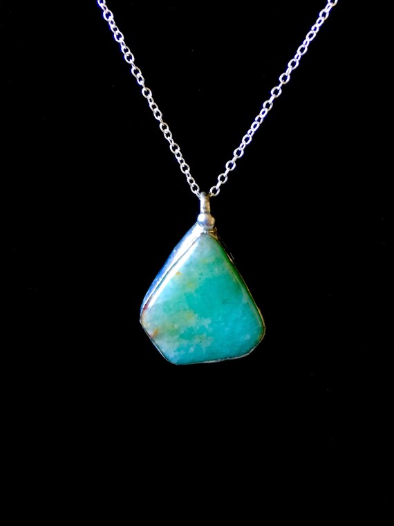 Tumbled Raw Amazonite Pendant on Silver Plated Cable Chain - Artisan Stone and Metalwork - Symbolic of Luck, Fortune & Calming Properties