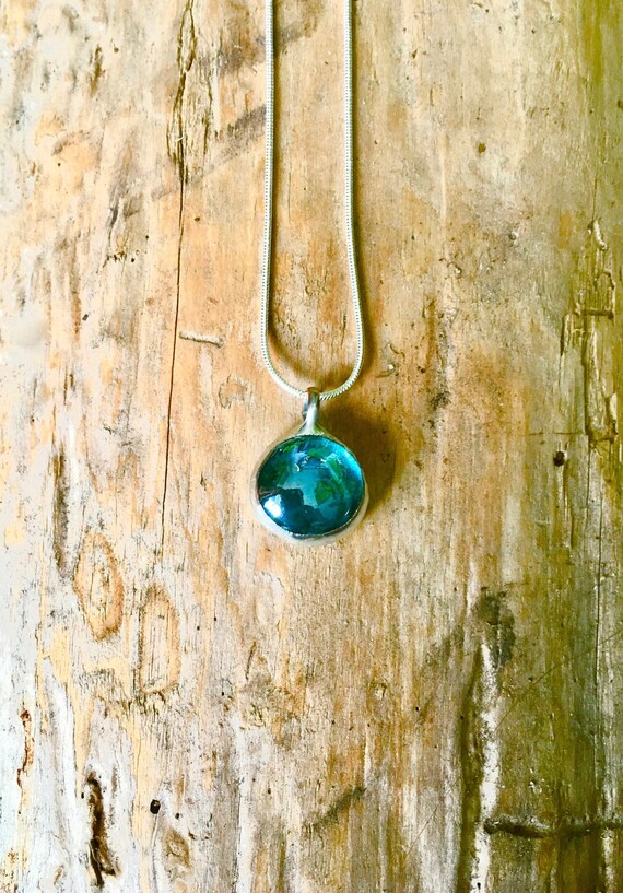 Turquoise Raindrop Pendant - Artisan Made Stained Glass Necklace on Silver Plated Snake Chain - Mystic Water Amulet - Gifts for Ocean Lovers