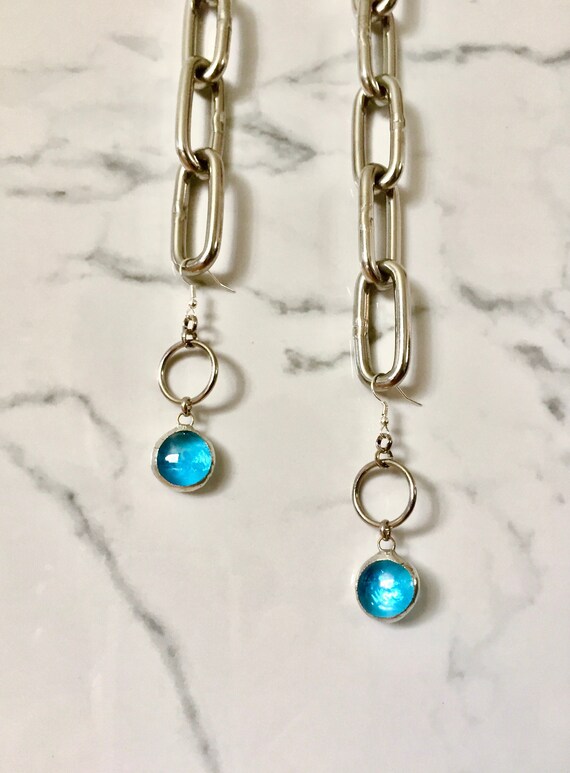 Turquoise Stained Glass Drop MADISON Earrings-Artisan Made Dangling Aquamarine Glass Droplet & Stainless Ring Earrings-Glass and Steel Hoops