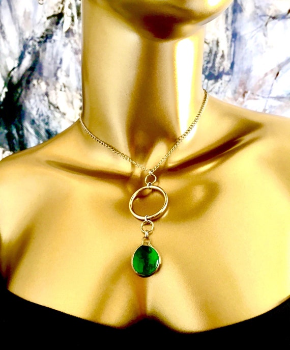 Green Stained Glass MADISON Necklace With Green Glass Droplet Gem as Counter Weight-Artisan Emerald Green Glass Lariat Lasso Choker Necklace