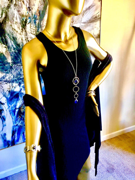 Blue Stained Glass HUDSON Necklace With Blue Glass Droplet Gem as Counter Weight-Artisan Made Royal Blue Glass Lariat Lasso Choker Necklace