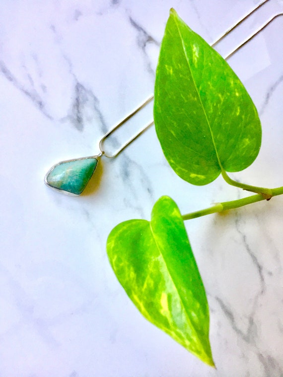 Tumbled Raw Amazonite Pendant on Silver Plated Snake Chain - Artisan Stone and Metalwork - Symbolic of Luck, Fortune & Calming Properties