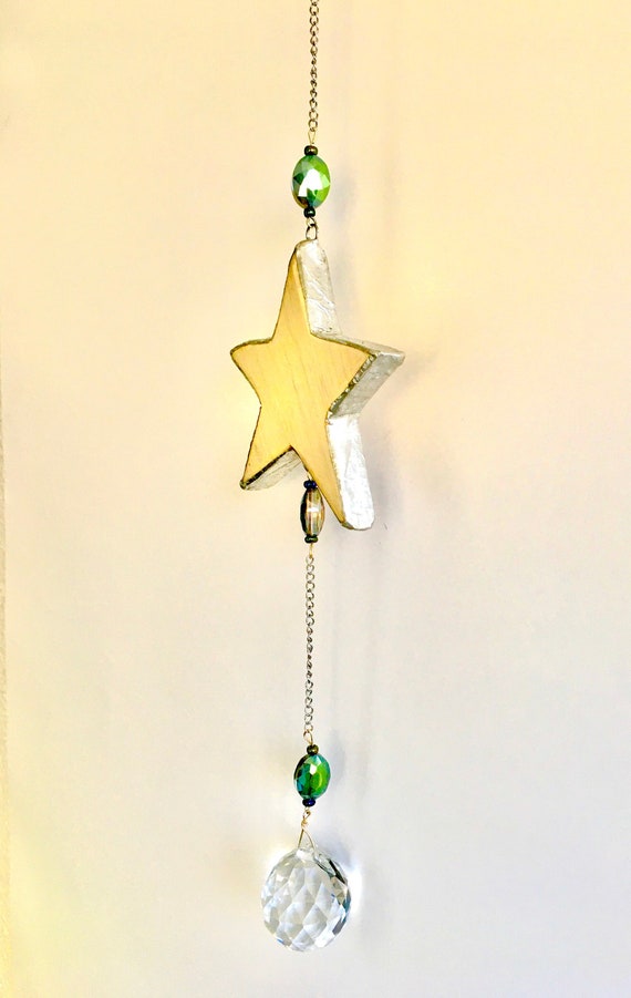 Mini Pine Star Mobile Wrapped in Silver With Suspended Rainbow Maker Prism Glass Cut Crystal Ball Hand Carved Natural Pine Star