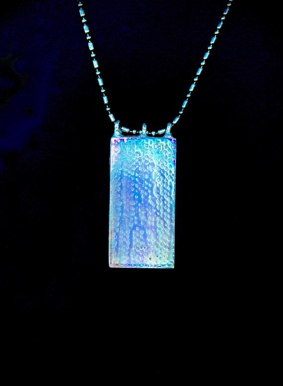 Unisex Modern Industrial Iridescent Ingot Pendant - Artisan Made Rugged Metal & Dichroic Glass Statement Piece on Heavy Duty Dot Dash Chain