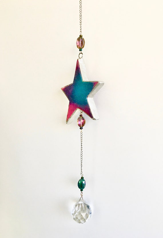 Mini Cosmic Star Mobile Wrapped in Silver & Hand Painted Black With Suspended Rainbow Maker Prism Glass Cut Crystal Ball Hand Carved Pine