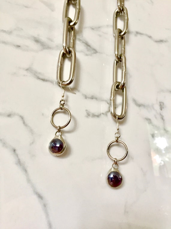 Garnet Stained Glass Drop MADISON Earrings-Artisan Made Dangling Maroon Glass Droplets & Stainless Ring Earrings-Red Glass and Steel Hoops