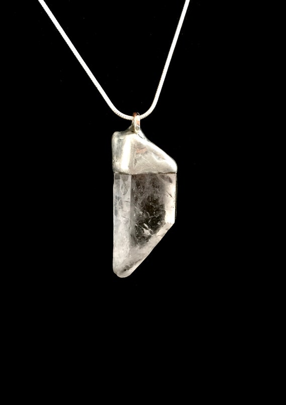 Raw Quartz Crystal Silver Stone Pendant on Silver Plated Snake Chain - Artisan Metal Stone Work - Symbolic of Spiritual & Positive Energy